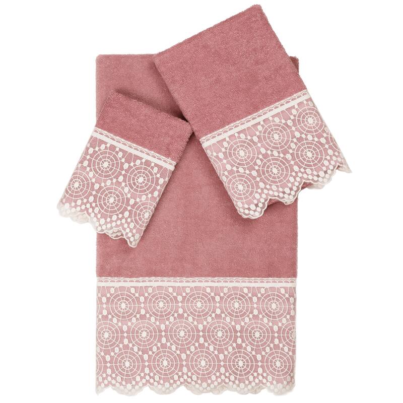 Authentic Hotel and Spa 100% Turkish Cotton Arian 3PC Cream Lace Embellished Towel Set - Tea Rose