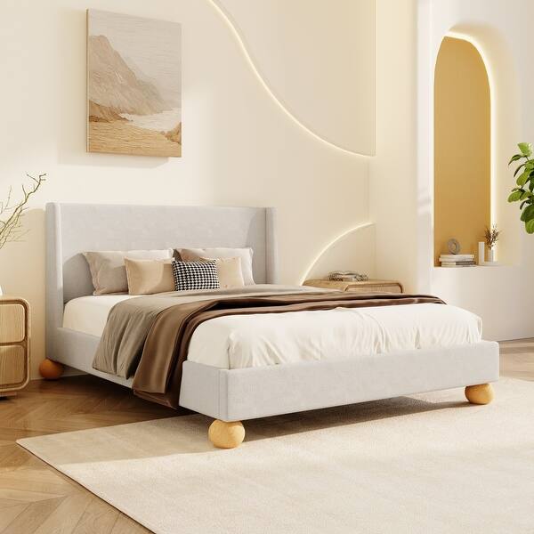 slide 2 of 7, King Size Velvet Upholstered Platform Bed w/Wingback Headboard,Beige Beige - King