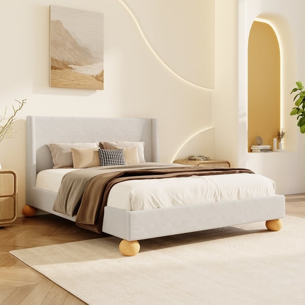 Modern Boucle Upholstered Platform Bed with Wingback Headboard and ...