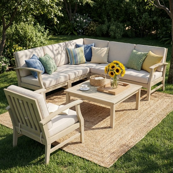 slide 2 of 88, Christopher Knight Home - Outdoor Patio Conversation Set, Acacia Wood Frame, Cushions & Slatted Coffee Table Light White Finish+Sand Cushion