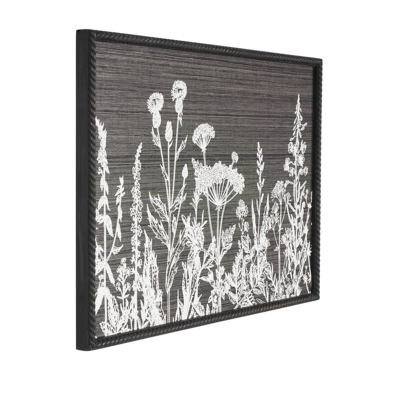 Black Wood Relief Floral Home Wall Decor with Gray Textured Backing and Black Twisted Frame