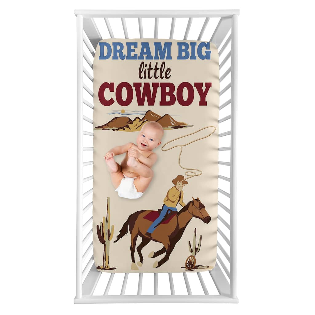 Wild West Cowboy Collection Boy Photo Op Fitted Crib Sheet - Red, Blue and Tan Western Southern Country Horse