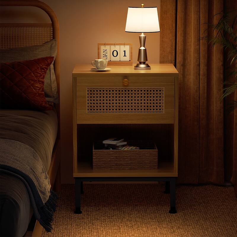 Rattan End Table/ Nightstand with Drawer, Farmhouse Boho Bed Side Table