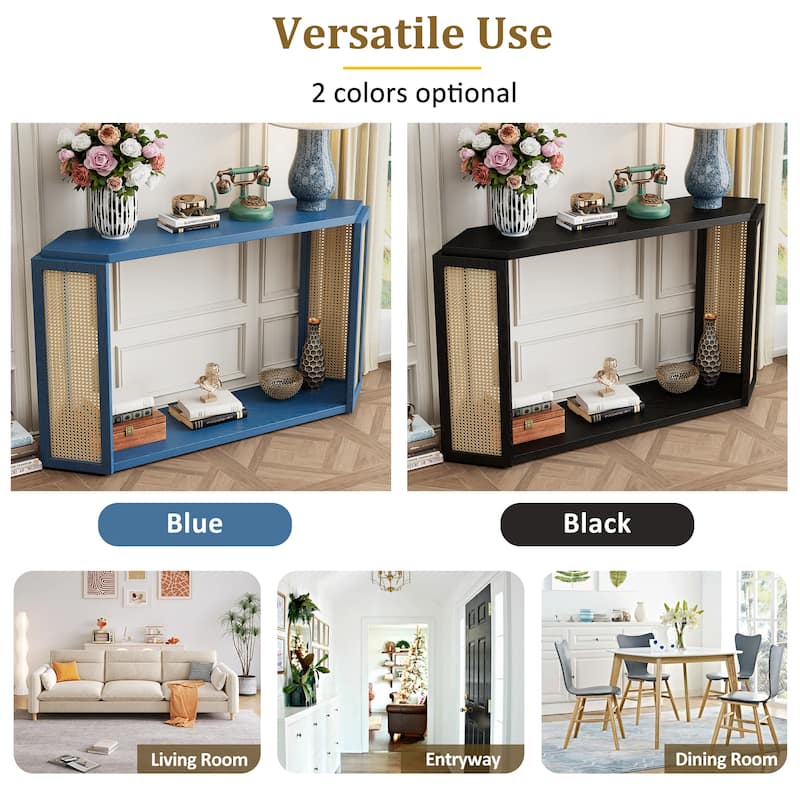 Arrow-Shaped Design Narrow Entryway Console Table with Open Shelf, Woven Rattan Accent Table Sofa Table for Living Room Hallway