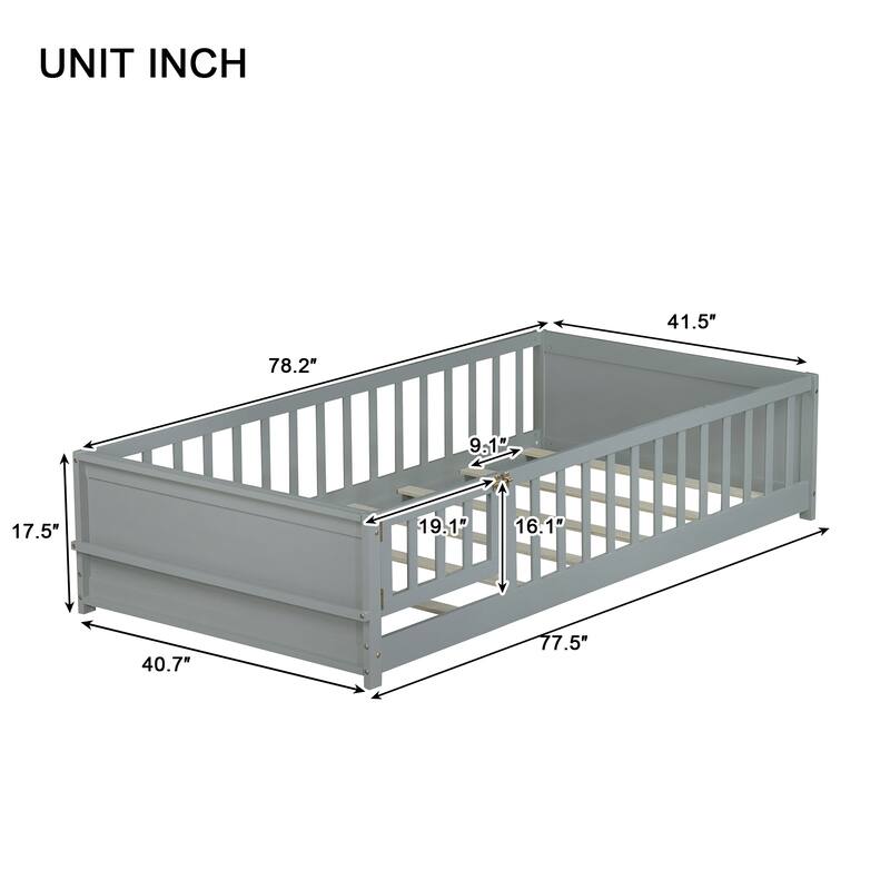 Twin Size Floor Platform Bed with Guardrails, Revolving Door and Built-in Book Rack