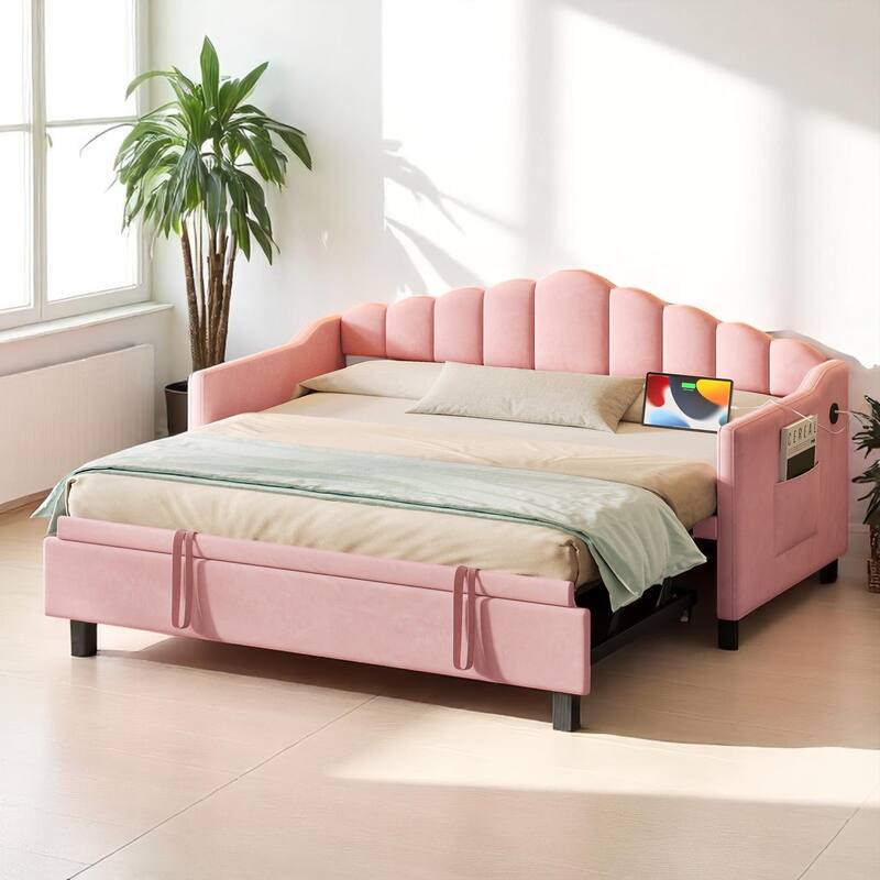 Twin Size Velvet Daybed with Adjustable Height Pop-Up Trundle, Charging Ports, and Storage Pockets - Pink - Twin