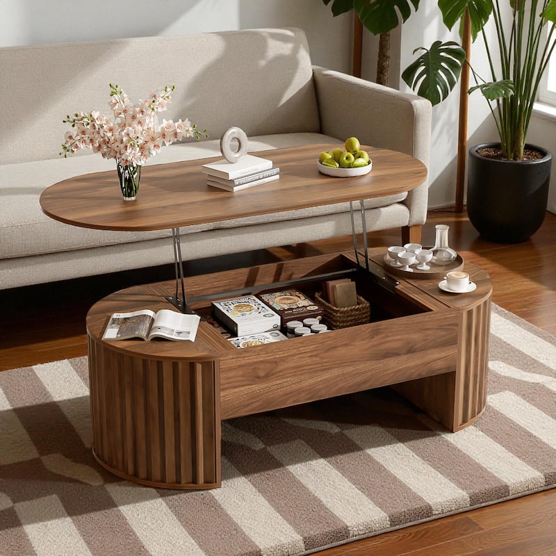47.2'' Modern Oval Lift-Top Coffee Table with Hidden Storage Compartment, Wooden Center Table for Living Room