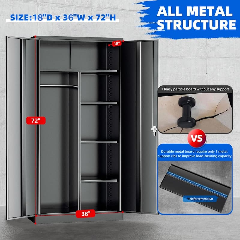 72" Lockable Metal Wardrobe Armoire Closest Storage Cabinet with Adjustable Shelves and Hanging Rod