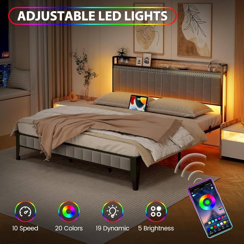 Gray Upholstered Bed Frame with LED Lights, Charging Station & Storage Headboard, No Box Spring Needed