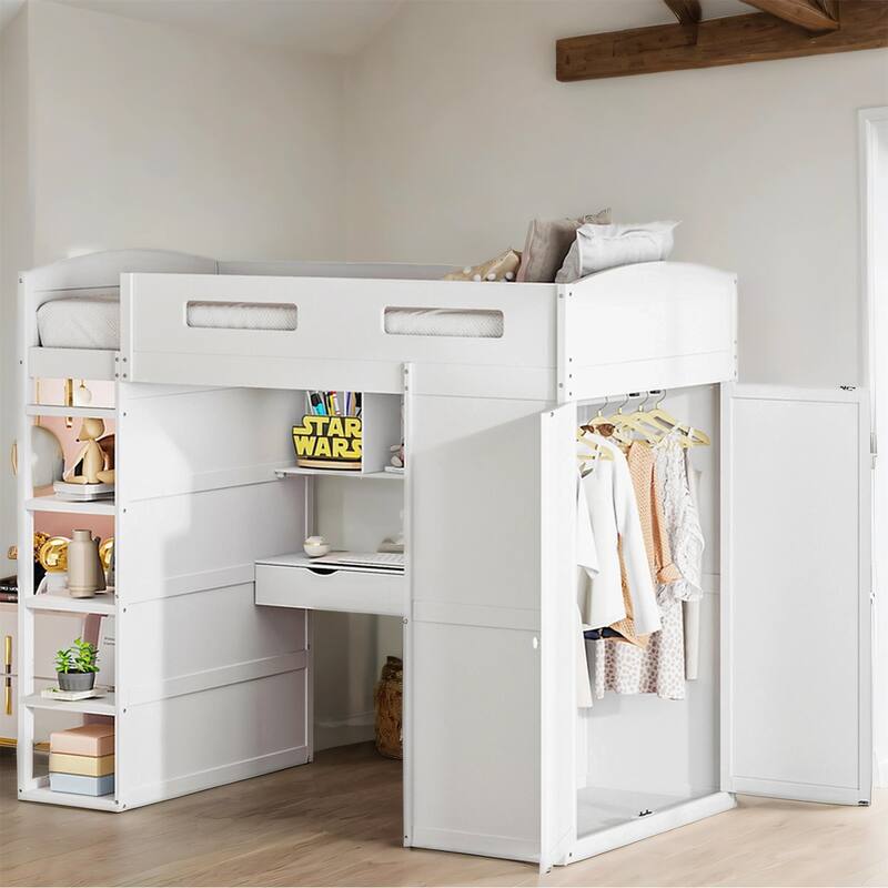 Twin Size Wood Loft Bed with Desk, Wardrobes,Drawers and Shelves - White