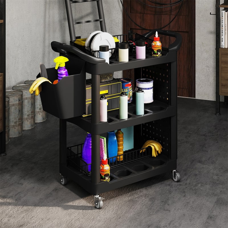 Adjustable Workshop Stool with Lumbar Support, Locking Wheels and Metal Tray and Bottle Holders