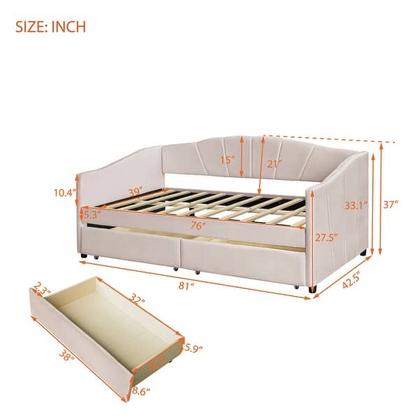 dimension image slide 3 of 6, Velvet Upholstered Daybed Twin Size with 2 Drawers or Trundle