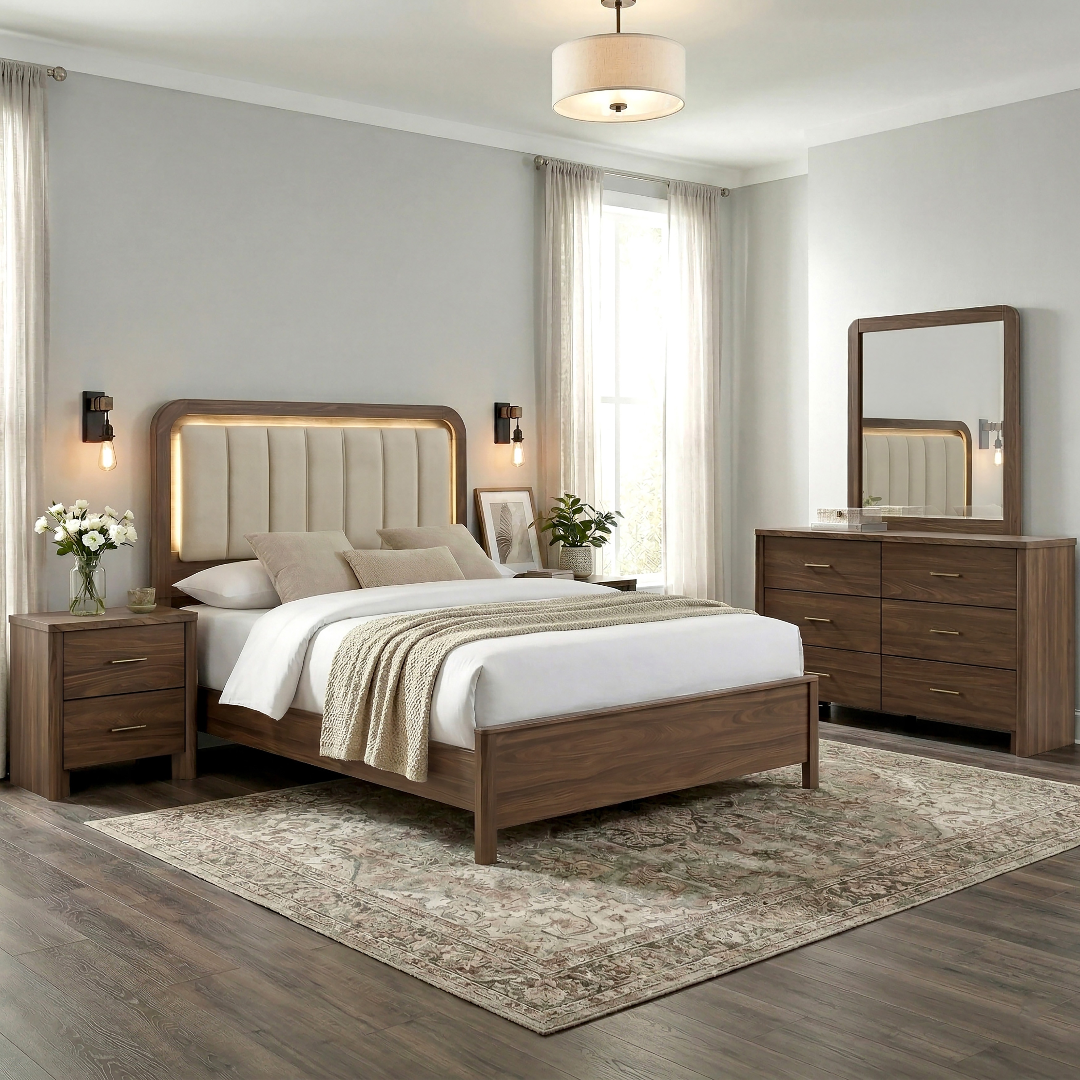 Furniture of America Elira Mid-Century Modern 5-Piece Walnut Wood Bedroom Set with LED Light