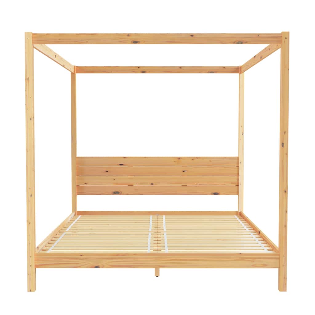 King Size Pine Canopy Bed with Slatted Headboard and No Box Spring Needed