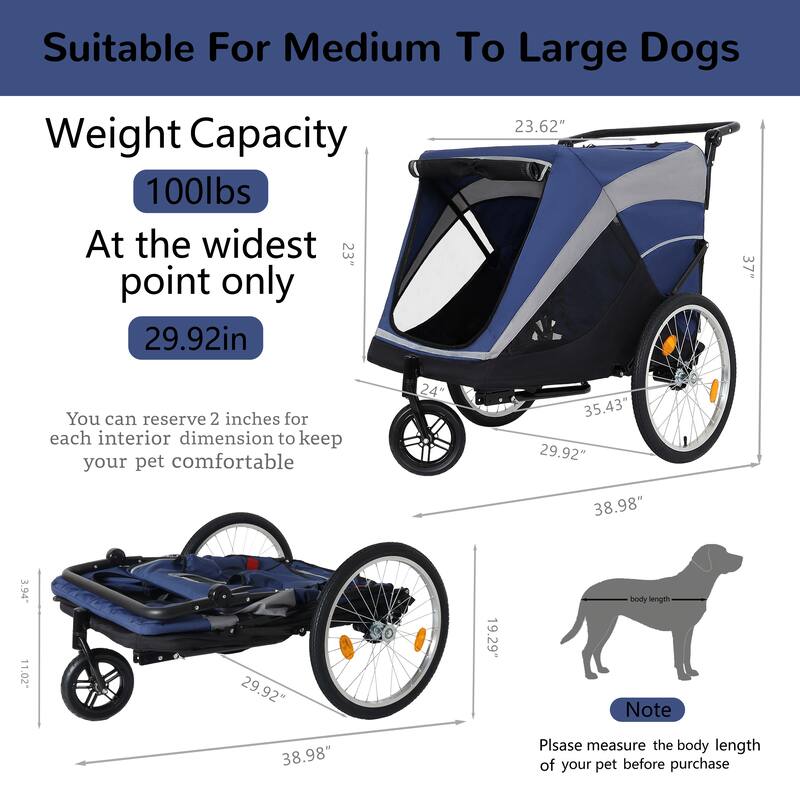 2-in-1 Pet Bike Trailer & Push Cart - 100LB Dog Carrier with Quick Release Wheels, Storage Bag & Safety Leash