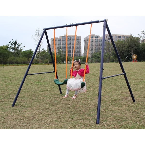 slide 2 of 9, Two Station Swing Set for Children Double the Outdoor Fun - 102"L x 74"W x 71"H