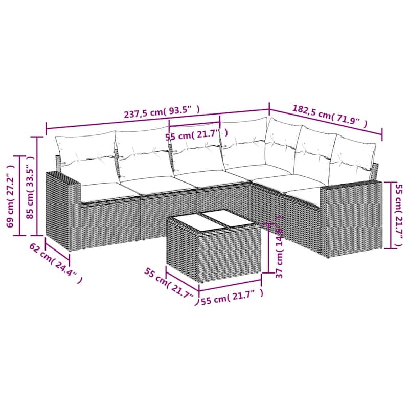 vidaXL Patio Sofa Set with Cushions Outdoor Conversation Furniture Poly Rattan - 25.8" x 24.4" x 27.2"