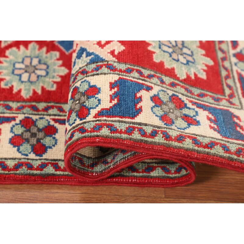Oriental Kazak Accent Rug Hand-Knotted Geometric Red Wool Carpet - 2'10" x 3'11"