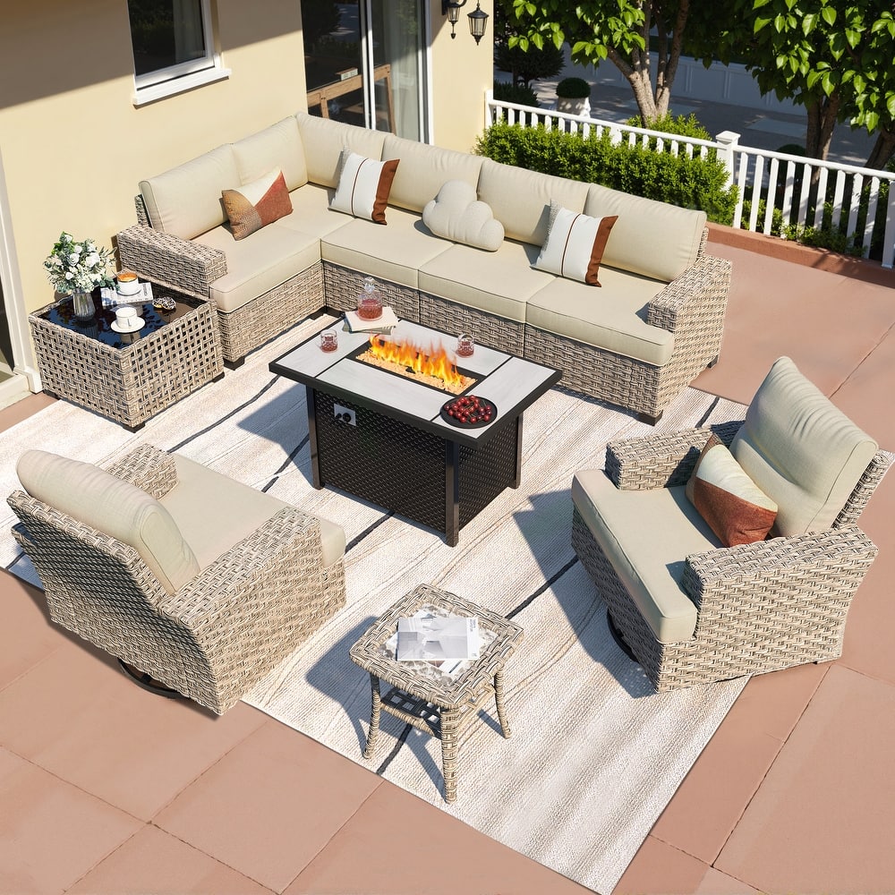 HOOOWOOO 10-piece Wicker Rattan Patio Sectional Set with Fire Pit Table