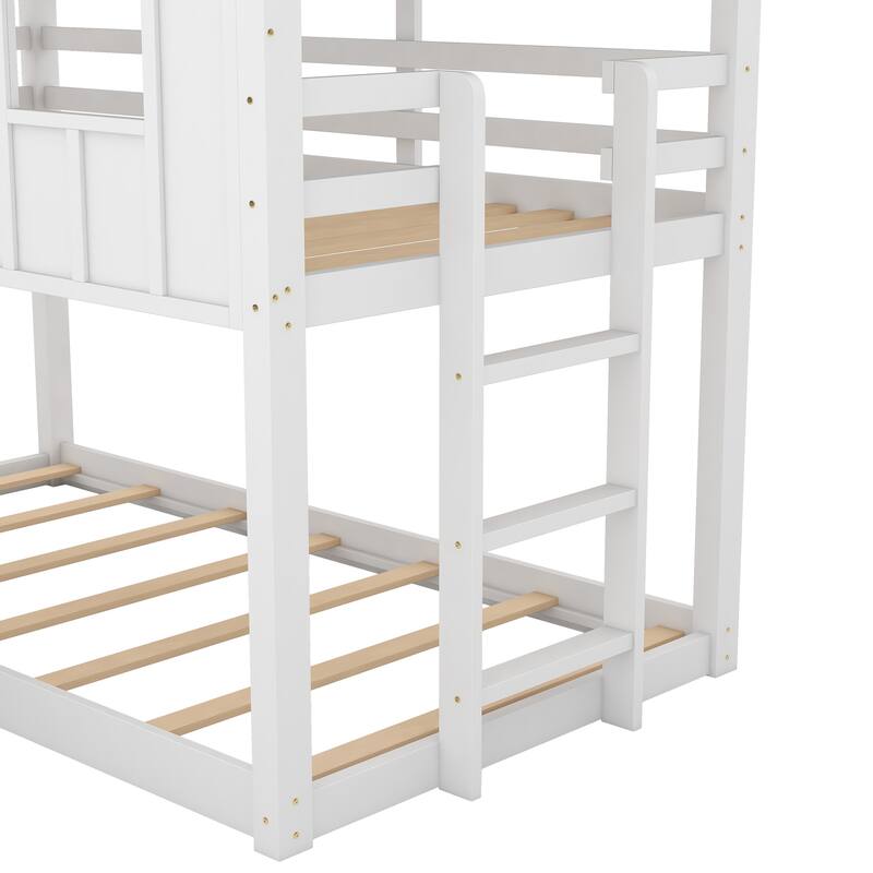 Roomfitters Twin over Twin House Bunk Bed with Slide and Window Design, White