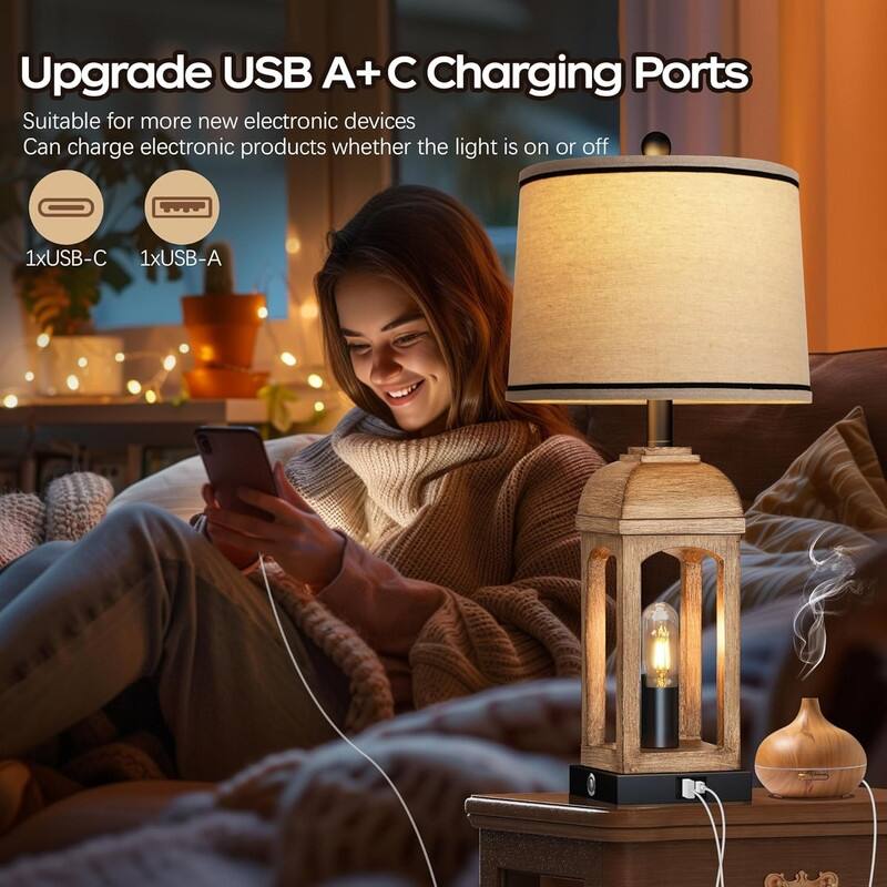 26 Tall Farmhouse Table Lamp for Living Room, Set of 2 Bedside Lamps with USB A+C and Nightlight, 3-Way Dimmable Touch Control