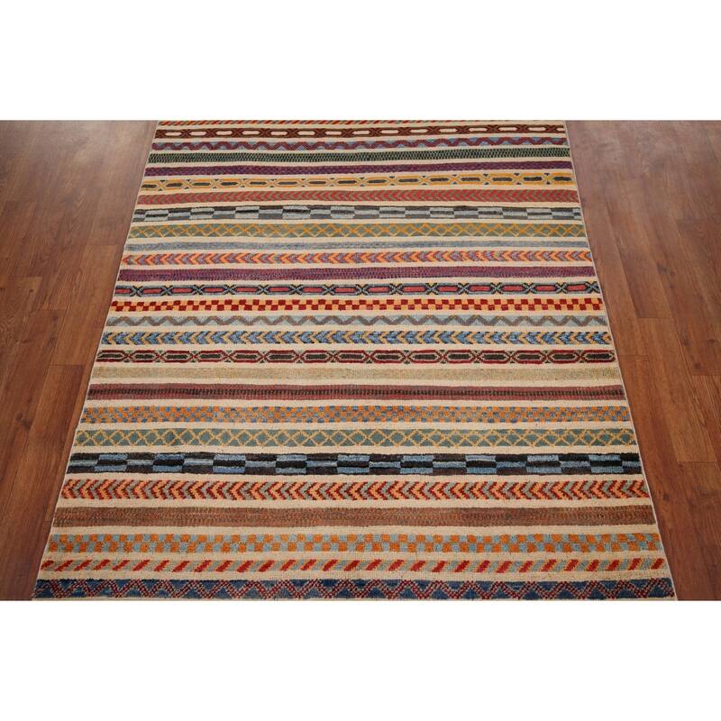 All-Over Striped Kazak Oriental Area Rug Hand-Knotted Wool Carpet - 3'11" x 5'11"