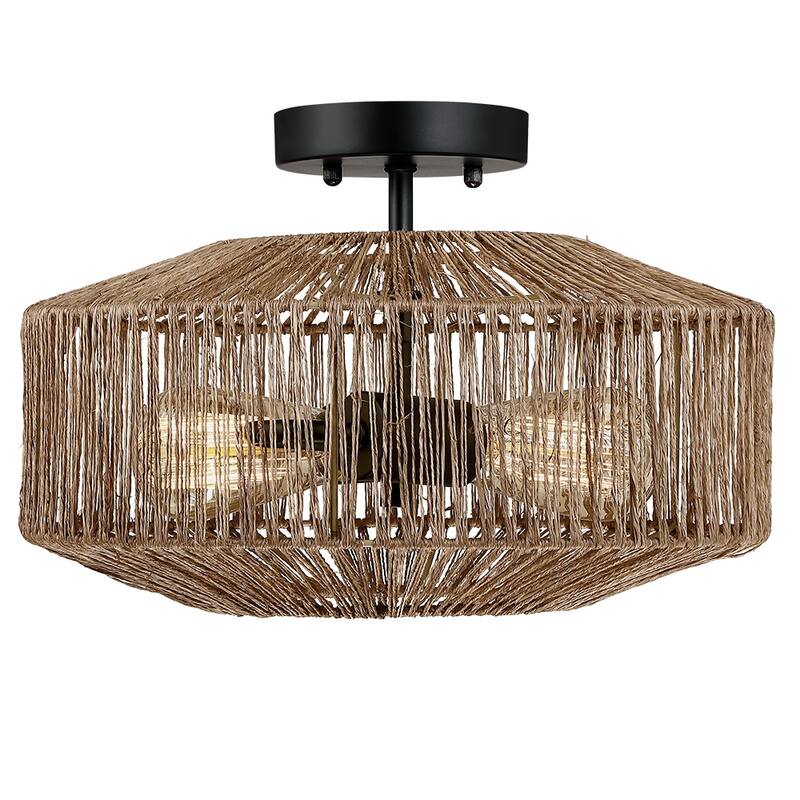 Dorn 2-Light Bohemian Jute Rope Semi-Flush Mount - W14"x H10" - 14 in. W - 14 in. W