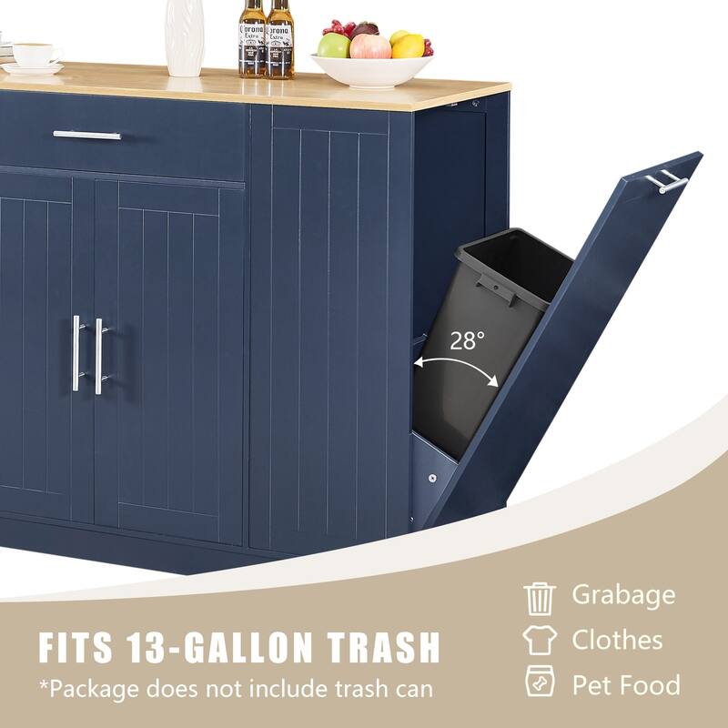 53" Modern Farmhouse Kitchen Island with Drawer, Tilt-Out Trash Can Storage, Adjustable Shelves & Spice Rack for Kitchen