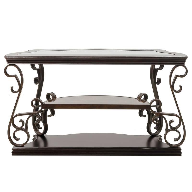 Roomfitters Modern Sofa Table with Glass Top, Faux Marble MDF Shelf and Metal Legs, Entryway or Living Room Console Table, White