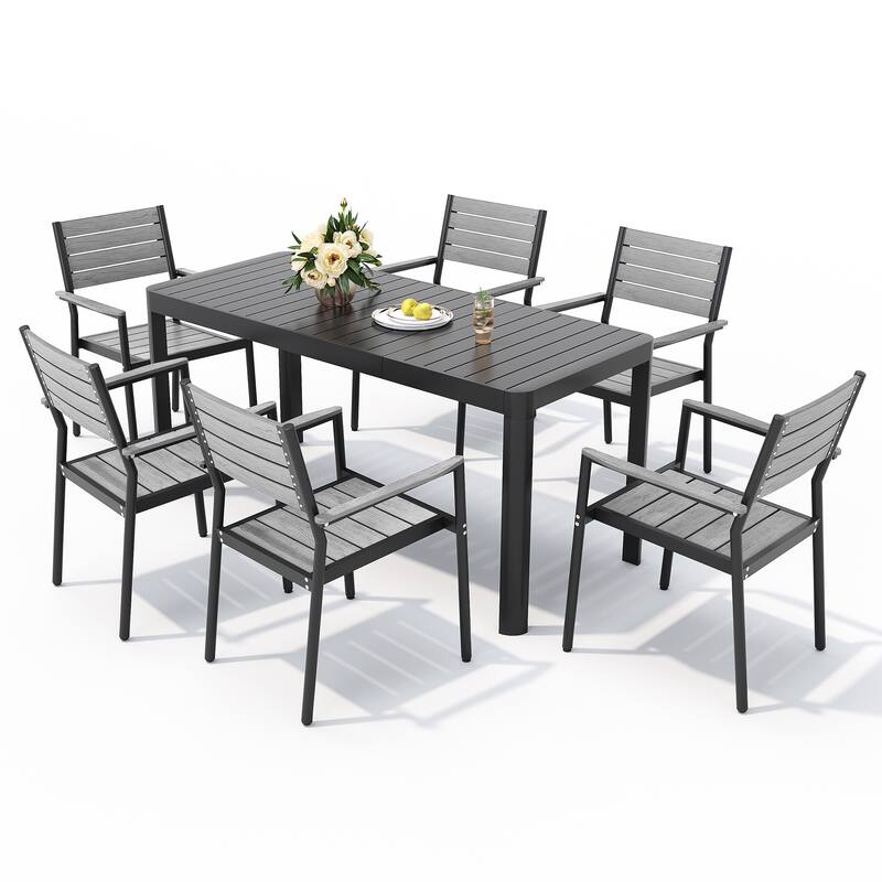 Outdoor 5/7-Piece Patio Aluminum Dining Set Stackable Chairs and Extendable Table - Black Table & Grey Chair - Set of 7