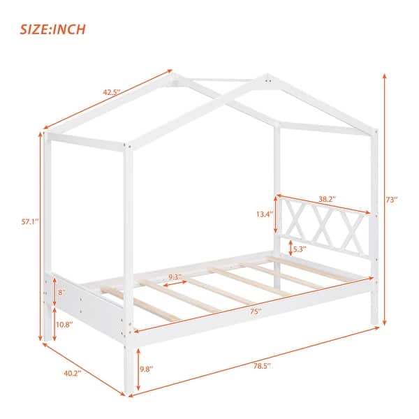 dimension image slide 2 of 6, Twin/Full Size House Bed, Wooden Playhouse Bed Frame with Semi-enclosed Roof, Headboard, Footboard Storage for Kids, Teens