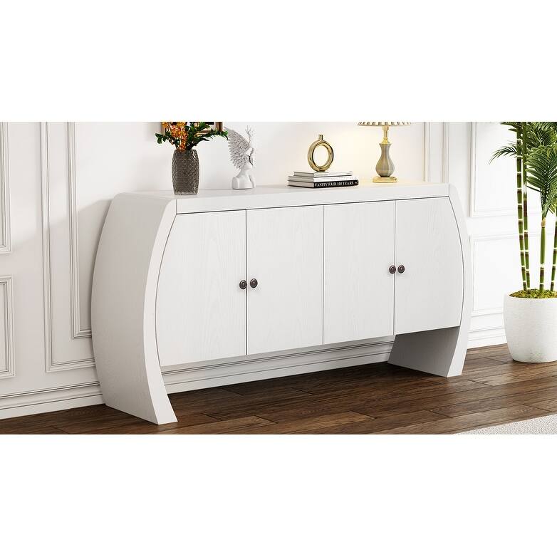 4 Door Buffet Cabinet Kitchen Cabinet with Rounded Arc Legs and Antique Brass Handles, Sideboard with Built Shelves