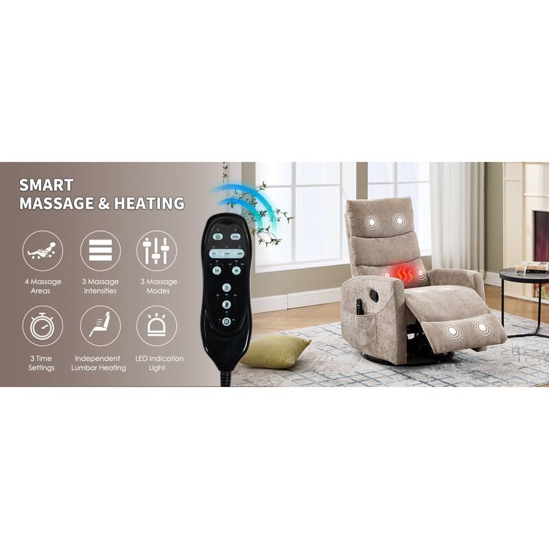 Roomfitters Manual Swivel Rocker Recliner Chair with Heat and Massage Fabric Glider Lounge Sofa for Living Room