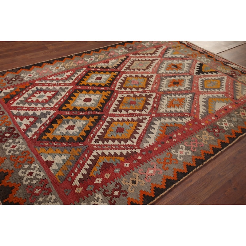 Flatweave Red & Pink Geometric Kilim Persian Vintage Area Rug - 4'4"x 6'9"