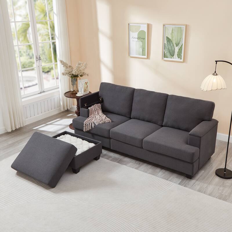 L Shaped 3 Seats Sofa with Armrest Organizer, Linen Sectional Sofa with Movable Ottoman, Comfy Upholstered 3 Seater Couch,
