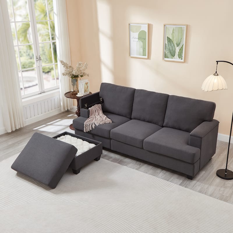L-shaped Chaise Sectional Sofa with Movable Ottoman, Hidden Storage in Armrests & Seats, Storage Couches with Thick Cushions - Dark Grey