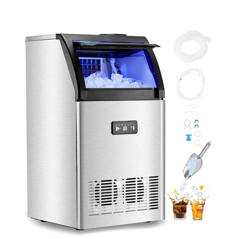 Silver Black Stainless Steel Commercial Ice Maker with 130 lbs Daily Output and Auto Cleaning - 17.1 x 16.1 x 31.5 in
