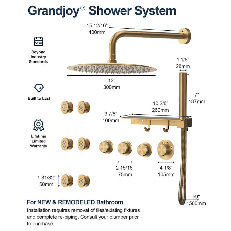 GRANDJOY Shower Faucet System 12" Wall Mount Rainfall Shower Head Body Jets Handheld Spray with Hose Thermostatic