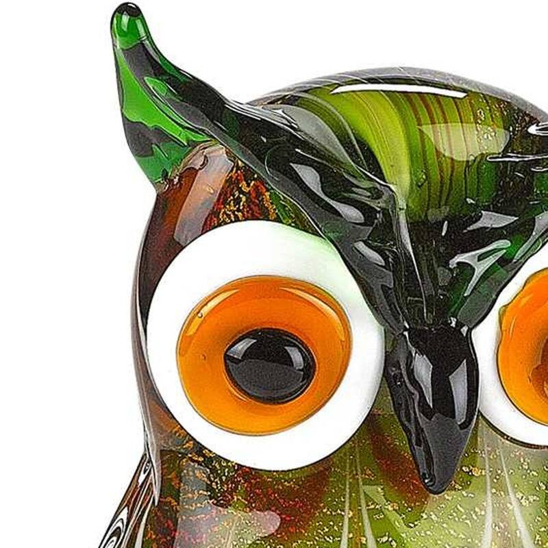 HomeRoots 9" Green and White Murano Glass Owl Figurine Tabletop Sculpture - 3.5' X '8.5' X '4.5