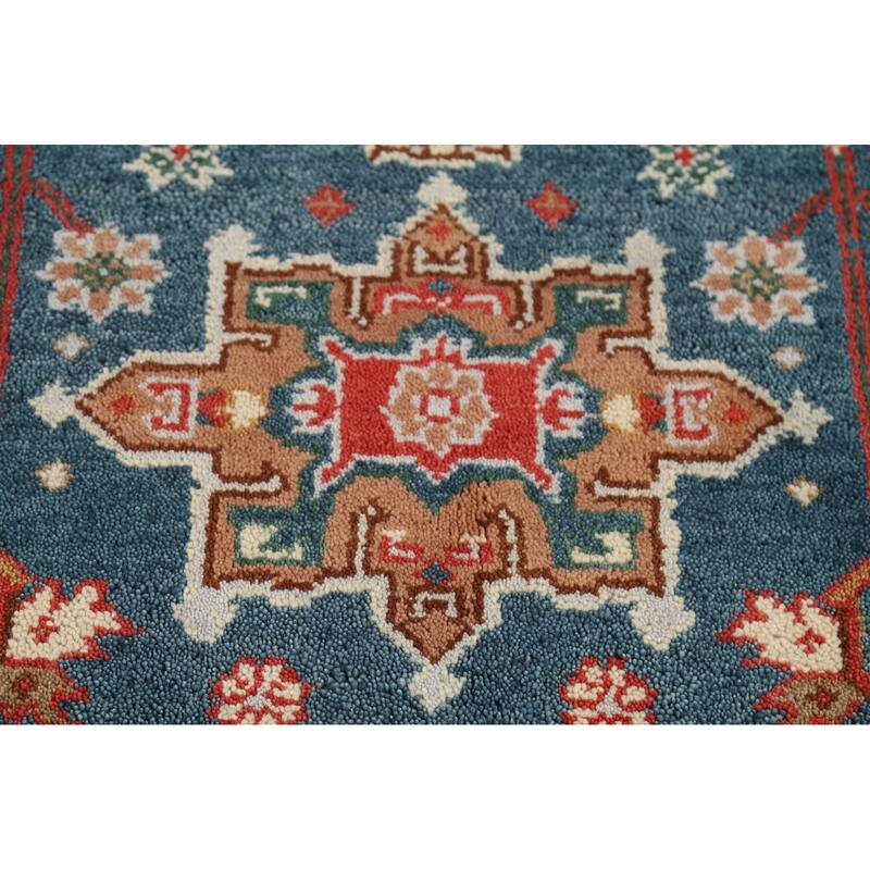 Blue Geometric Khotan Oriental Area Rug Hand-Knotted Wool Carpet - 4'2"x 6'1"