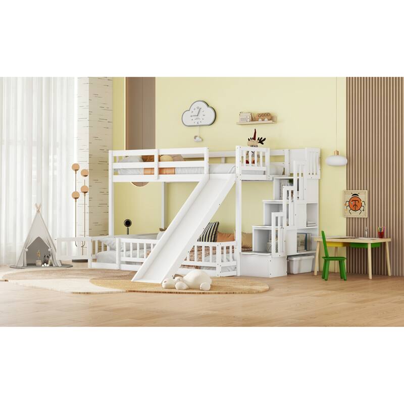 Roomfitters Twin Over Full Bunk Bed with Slide and Storage Staircase, Solid Pine Wood Bunk Bed with Guardrails