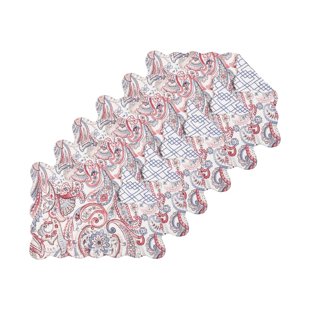 Claiborne Placemat Set of 6 Red and Blue Paisley Pattern Cotton Reversible