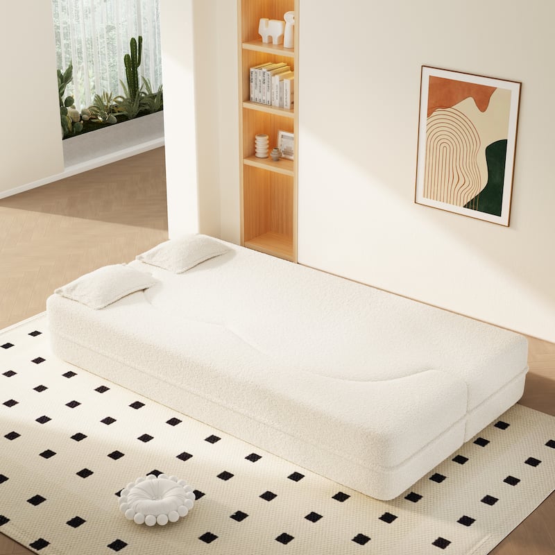 Convertible Floor Sofa with Teddy Fabric, Twin Mattress & No Assembly