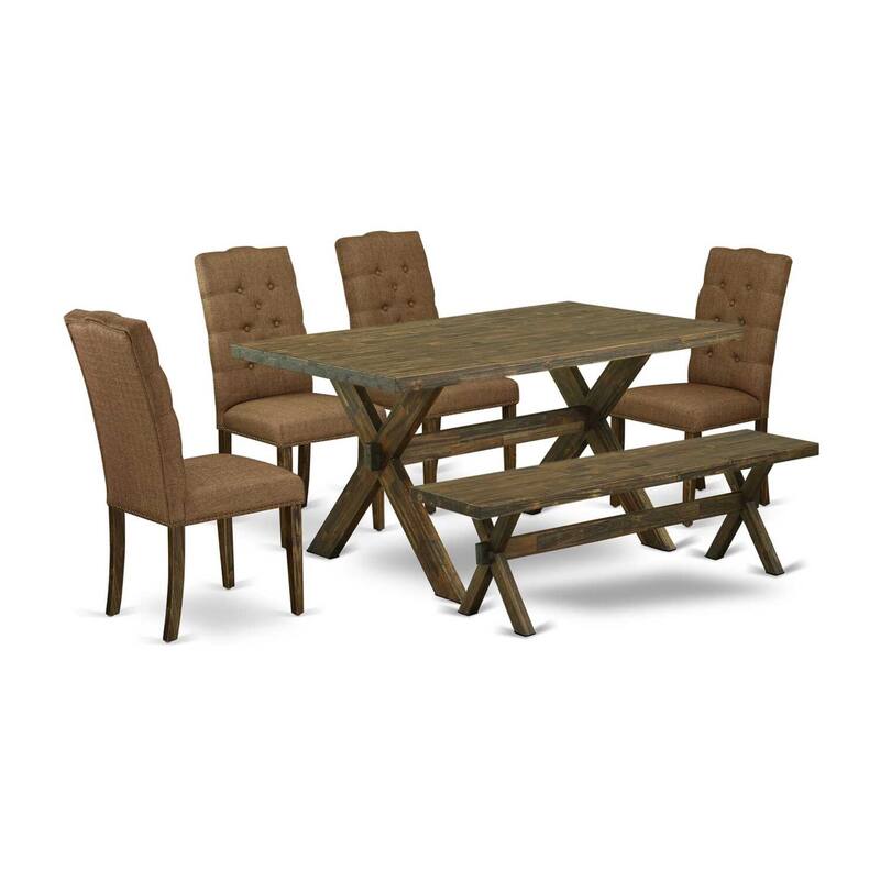 HomeStock 6-Pc Rectangle Distressed Jacobean Finish Solid Wood Top Dining Table with 1-Bench, 4-Chairs