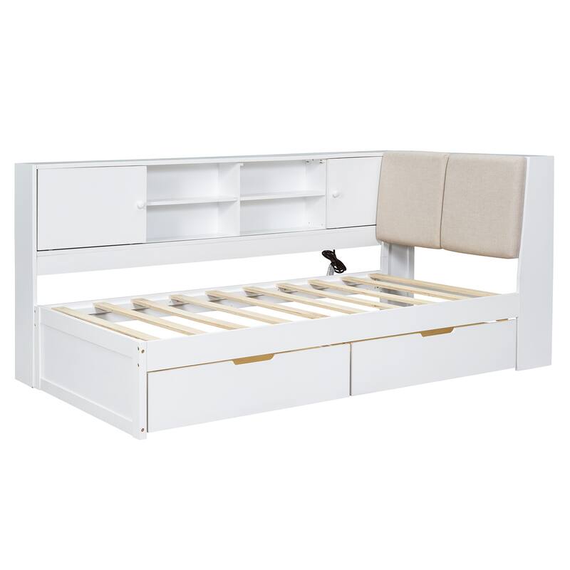 L-shaped Daybed Wooden Corner Sofa Bed Frame with Sliding Doors Bookcase Captains Bed, Upholstered Headboard Built-in Storage