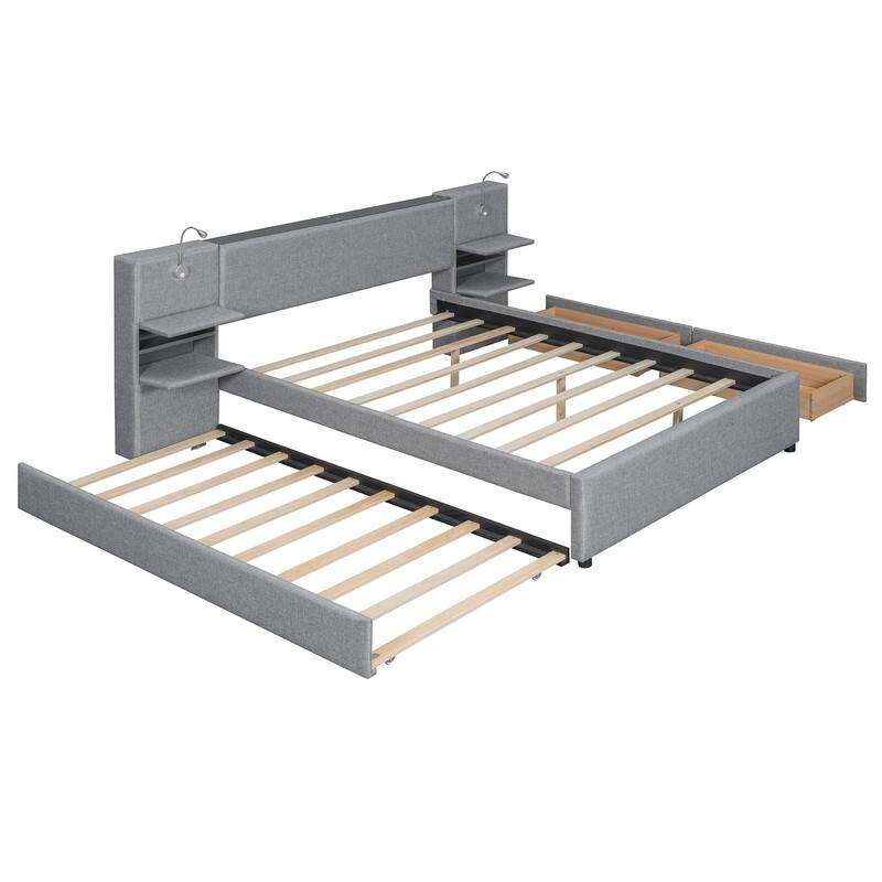 Queen Size Linen Upholstered Platform Bed with Headboard Lights and Shelves, Storage Bed Frame with Drawers and Trundle