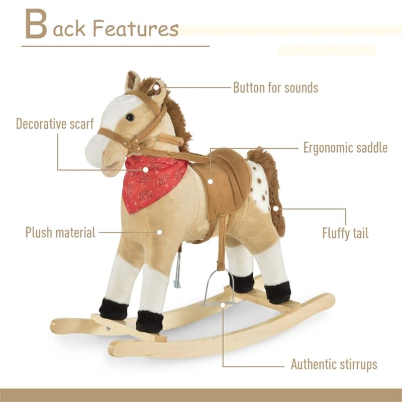 Children’s Rocking Horse with Realistic Neighing Wooden Rails and Comfortable Plush Seat - 30.75" L x 11" W x 26.75" H