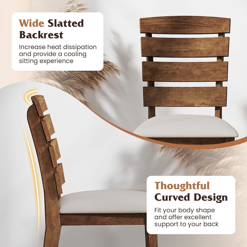 Natural and Beige Rubber Wood Dining Chair Set of 2 with Slatted Backrest and Sponge Cushion - 22.5” x 17.5” x 35.5”