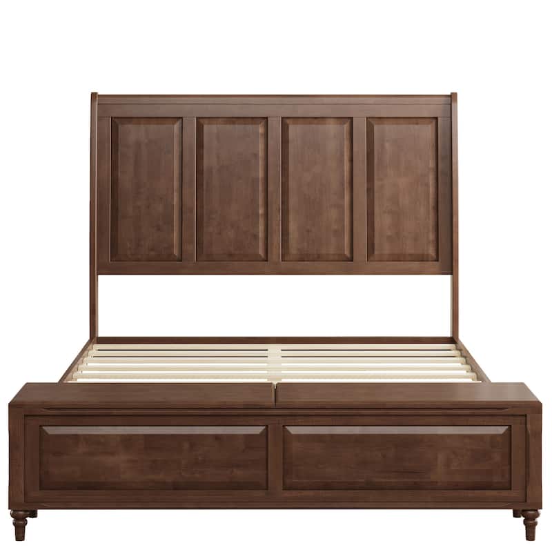GDFStudio - Traditional Solid Wood Sleigh Bed Frame with High Paneled Headboard & Storage Chest Bench, No Box Spring Needed