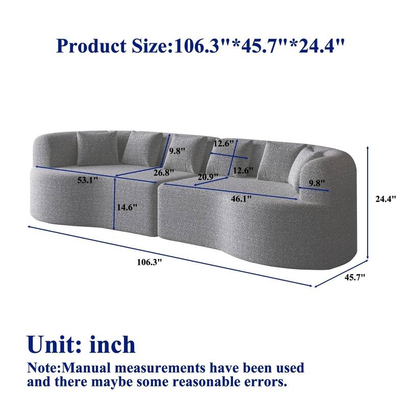 106.3" Chenille Curved Sectional Bone-Free Cloud Sofa with 6 Pillows